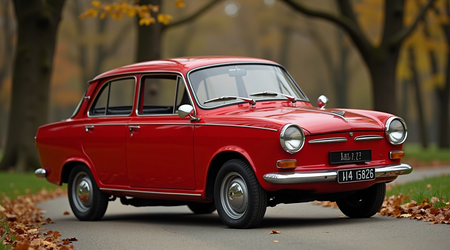 Punane Lada 2101 klassikaline nõukogude auto parklas, vintage fotograafia stiil